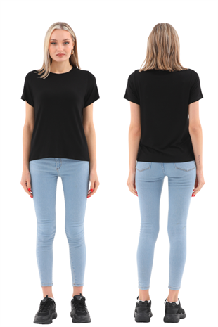  Viskon Dökümlü Tişört 2 Renk Seti-Siyah-Beyaz