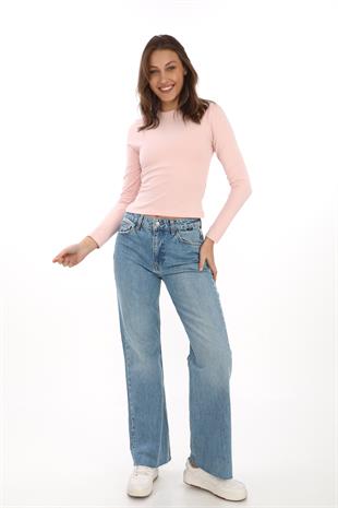 Likralı Pamuk Crop Tişört-Slim Fit -Pudra