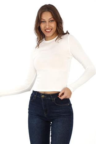 Likralı Pamuk Crop Tişört-Slim Fit -Krem