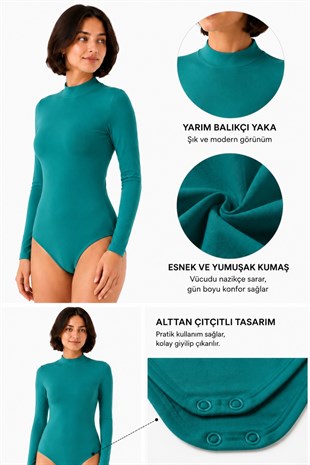 Kadın Viskon Boğazlı Çıtçıtlı Zıbın Body-Yeşil