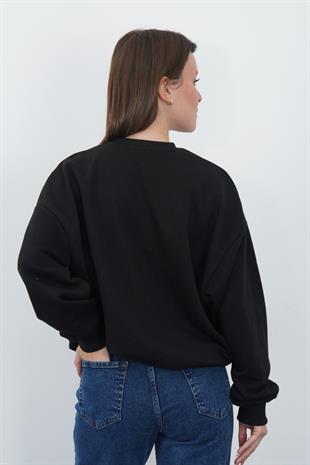 Valeria Kadın 3 İplik Şardonsuz Pamuk Oversize Bisiklet Yaka Siyah Sweatshirt 