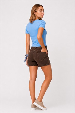 V Yaka Slim Fit Crop Tişört-Mavi