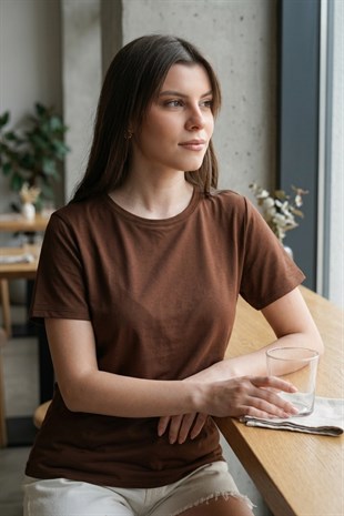 Viskon Dökümlü Tişört-Kahverengi