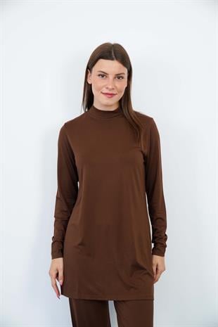 Viskon Dik Yaka Tunik-Kahverengi