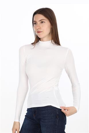 Kadın Modal Dik Yaka Slim Fit Tişört-Beyaz
