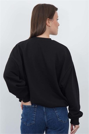 Valeria Kadın 3 İplik Şardonsuz Pamuk Oversize Bisiklet Yaka Siyah Sweatshirt 