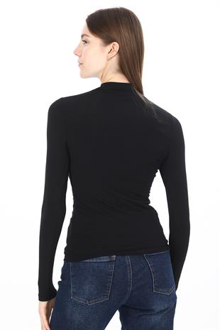 Kadın Modal Dik Yaka Slim Fit Tişört 2li Paket-Siyah-Beyaz