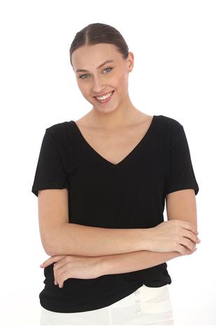 Viskon Dökümlü V Yaka Tişört-Siyah