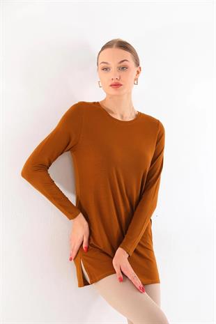 	Kadın Viskon Full Likra Tunik-Kahverengi