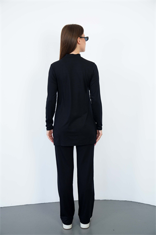 Dik Yaka Viskon Tunik ve Pantolon Takım-Siyah