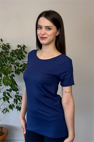 Sırt Dekolte Rahat Viskon Tunik-Lacivert