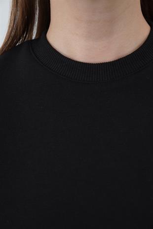 Kadın Pamuk 3 İplik Şardonsuz Oversize Sweatshirt & Geniş Paça Eşofman Altı Takım-Siyah