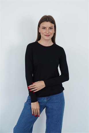 Kadın Zarif İnce Gösteren Viskon Tişört-Siyah