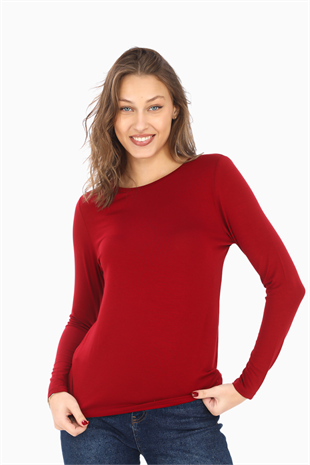 Kadın Zarif İnce Gösteren Viskon Tişört -Bordo