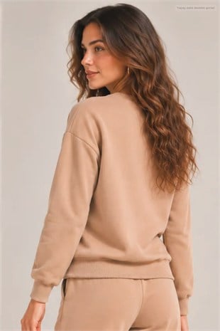 Kadın Bisiklet Yaka Sweatshirt Normal Kalıp Uzun Kollu-Bej