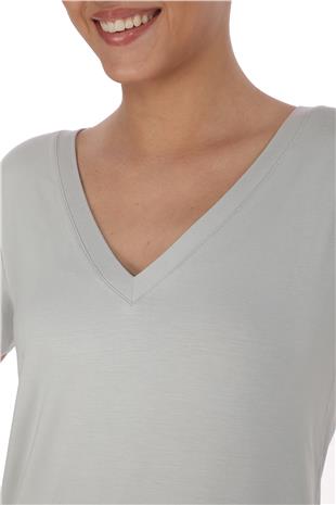 Viskon Dökümlü V Yaka Tişört-Gri