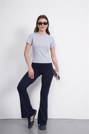 Crop Slim Fit Pamuk Likra Tişört-Gri Melanj