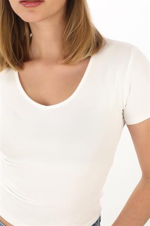 V Yaka Slim Fit Crop Tişört-Ekru