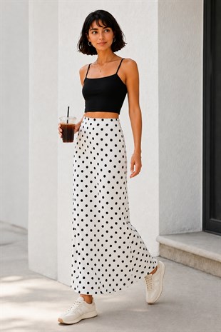 Oysho Kumaş Puantiye Maxi Etek-Beyaz
