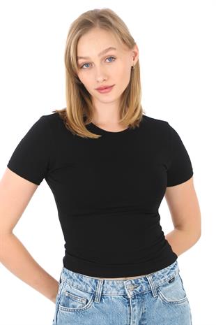Crop Slim Fit Pamuk Likra Tişört-Siyah