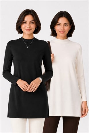 Premium Viskon Dik Yaka Uzun Tunik 2li Satış-Siyah-Krem