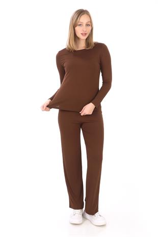 Kadın Viskon Tişört & Pantolon Takım-Kahverengi