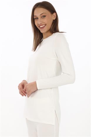 Bisiklet Yaka Viskon Tunik ve Pantolon Takım-Krem