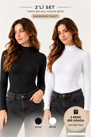 Kadın Viskon Boğazlı Kopçalı Zıbın Body 2li Set Siyah-Beyaz