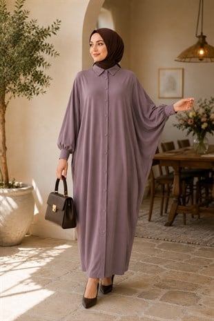 Kadın Sandy Tesettür Gömlek Elbise Abaya-Vizon