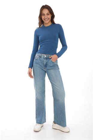 Likralı Pamuk Crop Tişört-Slim Fit -İndigo