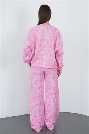 Oversize Sweatshirt & Geniş Paça Eşofman Altı Takım-Pembe Baskılı