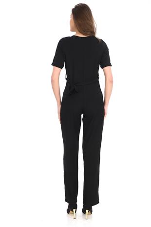 Kadın Krep Beli Kemerli ve Fermuarlı Tulum-Siyah