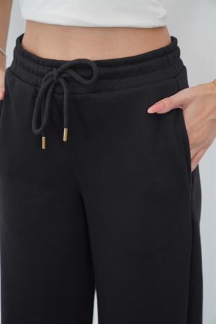 Kadın Pamuk 3 İplik Şardonsuz Oversize Sweatshirt & Geniş Paça Eşofman Altı Takım-Siyah