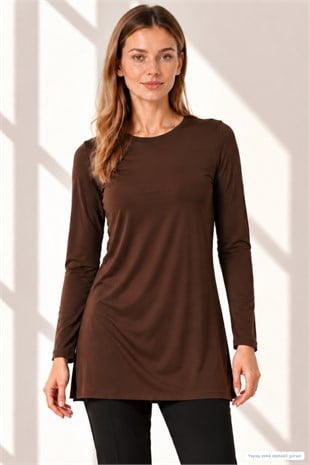 Premium Viskon Uzun Tunik-Kahve