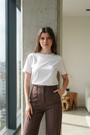 Viskon Dökümlü Tişört-Ekru