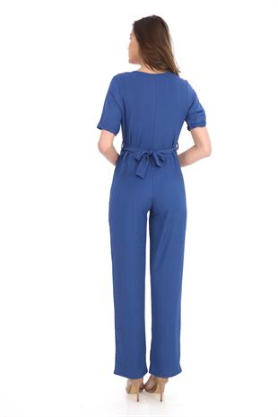 Kadın Krep Beli Kemerli ve Fermuarlı Tulum-İndigo