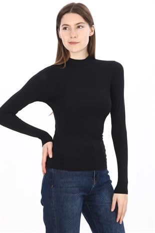 Kadın Modal Dik Yaka Slim Fit Tişört 2li Paket-Siyah-Beyaz