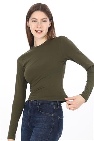 Likralı Pamuk Crop Tişört -Slim Fit-Haki