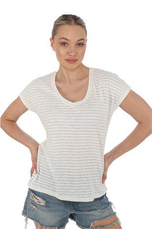 Japone Kol Transparan Bluz-Ekru