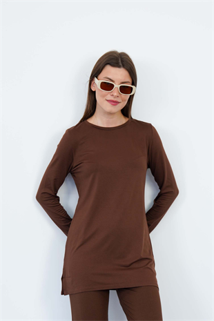 Kadın Viskon Full Likra Tunik-Kahve