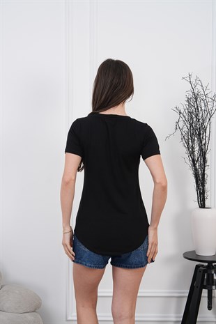 Viskon Dökümlü Dekolte Yaka Tişört-Siyah