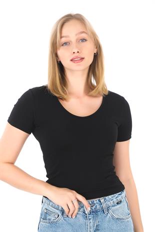 V Yaka Slim Fit Crop Tişört-Siyah