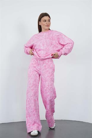 Oversize Sweatshirt & Geniş Paça Eşofman Altı Takım-Pembe Baskılı