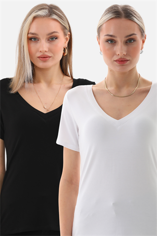 Viskon Dökümlü V Yaka 2li Tişört-Siyah-Beyaz