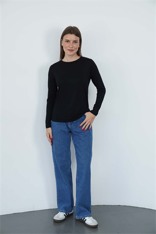 Kadın Zarif İnce Gösteren Viskon Tişört-Siyah