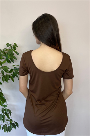 Sırt Dekolte Rahat Viskon Tunik-Kahverengi