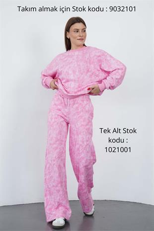 Valeria Kadın 3 İplik Şardonsuz Pamuk Oversize Bisiklet Yaka Sweatshirt-Pembe Baskılı