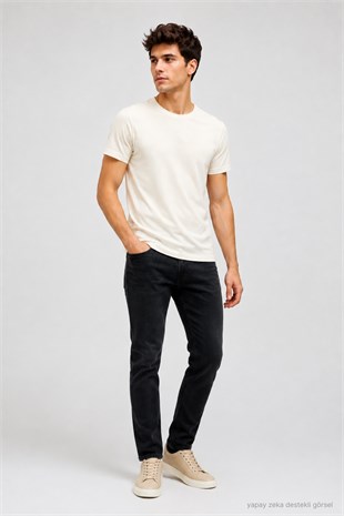 Erkek Basic Regular Fit %100 Pamuk Bisiklet Yaka T-Shirt-Krem
