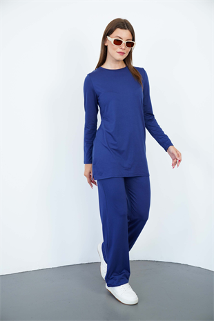Bisiklet Yaka Viskon Tunik ve Pantolon Takım-Lacivert