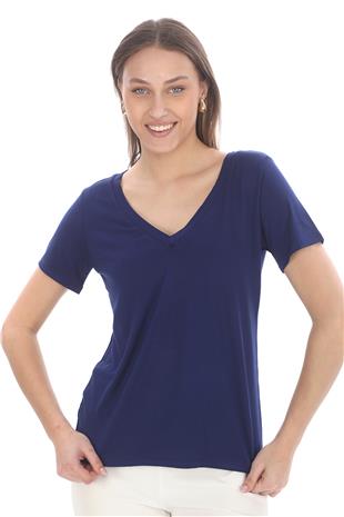 Viskon Dökümlü V Yaka Tişört-Lacivert